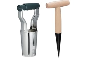 Relaxdays Strumento Piantabulbi, 2 Attrezzi Pianta Bulbi di Fiori, Piantatore Piantine Orto, Metallo, Legno, Multicolore