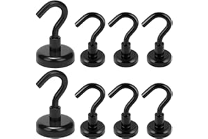 SUKUDON Magnethaken，Magnet Haken,Magnete mit Haken, 8 Stück Magnethaken (6 x 16mm, 2x25mm) ，Super Starke aus Edelstahlr für Grill Decke Magnettafel Küche Büro Schließfächer, Schwarz
