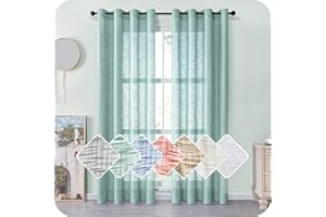 MRTREES Cortinas de Dormitorio Comedor Salon Cocina Habitacion 2 Piezas 140×245cm Visillos Verde Translúcidas Modernas de Lino Aspecto con Ojales para Ventanas Sala para Niños Sala Cuarto Baño