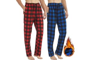 LANBAOSI Mens Pjs Bottoms Fleece 2 Pack Checked Fluffy Lounge Pants Plaid Pyjamas Long Thermal Sleep Nightwear Trousers with Pockets
