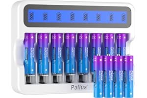PALLUS Rechargeable AAA Lithium Batteries, 1100mWh High Capacity with 8-Slot LCD Battery Charger,3H Fast Charging, 1500 Cycles, Suitable for Game Consoles, Remote Control (12 PCS)