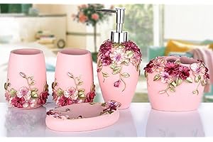 Yiyida Country Style 3D Flower Resin Bathroom Set 5 x Bathroom Accessories Soap Dispenser Toothbrush Holder Tumbler Soap Dish Pink