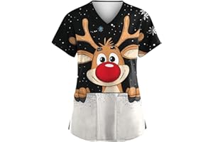 Celucke Womens Christmas Graphic Print Scrubs Tops, Workwear Uniform Tunics Nurse Uniforms, Beauty V-Neck Short Sleeve Santa Claus Healthcare Tunic Tops, Working Uniforms Adult Workwear Multi-Pocket