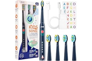 Seago Elektryczna szczoteczka do zębów dla dzieci od 6 lat, szczoteczka do zębów dla dzieci z funkcją Smart Timer, 4 miękkie wymienne głowice, 5 trybów czyszczenia, wodoszczelność IPX7, naklejka z 2