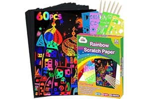 ZMLM Kratzbilder für Kinder, 60pcs Regenbogen Kratzpapier Zeichnungs-Art Handwerk Schwarz Abkratzen Papier Kit Kratzpapier Kleinkind Vorschul Learning Geschenke für Age 3 4 5 6 7 8 9 10 Kinder