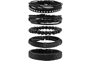 MILAKOO 6 pezzi Bracciale in pelle intrecciata per uomo Donna Bracciale avvolgente con perline in legno regolabile