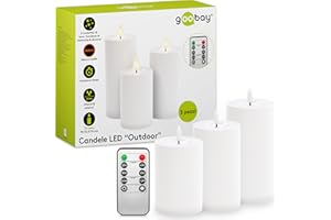 goobay 64786 - Set di 3 candele a LED con telecomando/luci elettriche per esterni, fiamma tremolante realistica, funzione timer, candele LED senza fiamma, funzionamento a batteria/bianco