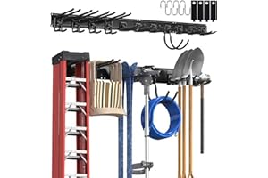 3-H Porte Outils Mural Garage Réglables 160cm, 4 Rails &11 Crochets à Verrouillage Réglable & 4 Crochets S & 4 Sangles | Rangement Outils Mural Modulable pour Matériel de Ski, Chaise, Balai, Râteau