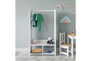 URBNLIVING Kids MDF Wooden Hanging Clothes Rail Wardrobe Storage Display Shelves & Mirror Freestanding Wardrobe (White)