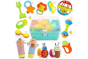 WOOTOYZ 14 Pcs Rasseln Beißring Set mit Aufbewahrungsbox, Baby Spielzeug ab 0-12 Monate Baby Geschenk Junge Mädchen Babyspielzeug ab 0-12 Monate Montessori Spielzeug Baby ab 0-12 Monate Neugeborenen Geschenk