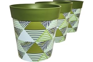 Hum Flowerpots, 22 cm, Lot de 3, Divers Motifs, Coloris et Tailles, Pots de Fleurs en Plastique Intérieur/Extérieur Vert Géométrique