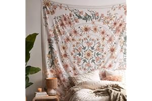 DÉCOCO Tapiz de pared bohemio beige con diseño de mandala, medallón de flores hippie con diseño de corona blanca estética, psicodélica, hippie, decoración de pared para dormitorio o dormitorio, 150 × 170 cm