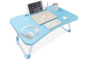 Blisswood Laptop Table for Sofa, Bed Table, Lap Tray Standing Desk, Breakfast Bed Tray Folding Laptop Lap Desk Floor Table Cup Holder Notebook Stand Steel Legs For Reading Writing Working, Light Blue