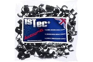 1STec 200 x 6mm Round Black Coax Clips Suitable for Indoor or Outdoor use on Plaster, Wood or Masonry with Hardened Nails to Pin or Tack RG6 RG7 CT100 or Webro WF100 Digital TV Cable Freesat Leads