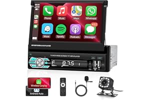 Hodozzy Single Din Car Stereo Wireless Carplay Android Auto, Car Radio Single Din 7 inch Flip Out Touch Screen 1 Din with Bluetooth Mirror Link FM, Player 2-USB/Type-C/AUX/TF/SWC Reversing Camera