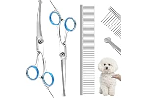 ONRYSXN Dog Grooming Scissors Set with Safety Rounded Tips, 3-in-1 Stainless Steel Pet Dog Cat Grooming Tools with Sharp Straight Shears Curved Scissors and Comb for Face Ear Nose Paw Hair Trimming