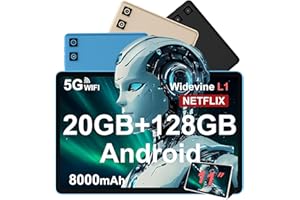 DMOAO Tablette Android 14 avec Widevine L1, 13MP+5MP, 8000 mAh + Charge Rapide 18 W, Tablette Tactile 11 Pouces avec 20 Go RAM + 128 Go ROM (Extensible 1 To), 5G Wi-Fi, GPS, Octa-Core 2.0 GHz, Face ID, Bleu