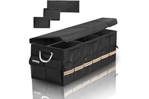PIPTang 90cm XLarge 100L Pliable Gestionnaire Coffre Voiture & Couvercle, Gestionnaire Rangement, Poignée Aluminium, Bandes Réfléchissantes, Multi-compartiments, SUV Road Emergency Noir (XL 90CM 100L)