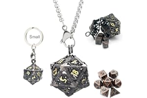 Haxtec Mini Metal DND Dice Set With Black Gold Hollow D20 Necklace Case - Antique Tiny Copper D&D Keychain Portable 7PCS Set