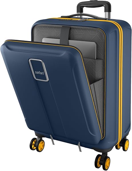 Safari Cabin Trolley Bag with Laptop Compartment, Hardside Polycarbonate Small (55cm) Suitcase | 360° 8 Wheel Spinner Travel Luggage| Recessed Combination Lock|