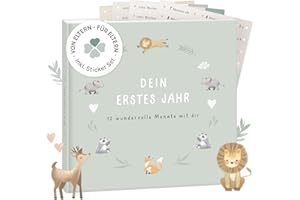 mintkind® Babyalbum "Mein erstes Lebensjahr" Salbei + Sticker Set | Baby Fotoalbum zum Selbstgestalten | Baby Geschenk für Mädchen und Junge | Babybuch zum Eintragen | Baby-Tagebuch ab 0 Monate