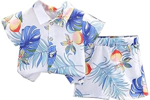 ASYBHYY Conjunto de Camisa y Pantalón Corto Hawaiano para Niños Pequeños 3.5-5 Años, Traje Casual Camisa Corta Camiseta Abotonada con Estampado Floral de Hojas & Pantalones Cortos