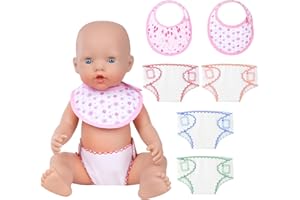 Aolso Couches pour Baby Poupée, 4 Accessoires pour Poupées Couches et 2 Pièces Bavoirs pour Poupée pour poupées de 14 à 18 Pouces pouvant résister à Plusieurs Lavages, Cadeau de Naissance