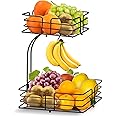 Mutool 2-Tier Fruit Basket, Detachable Countertop Fruit Rack with Banana Hanger, Kitchen Wire Fruit Vegetables Bowls, Metal Basket Storage Holder for Fruits Veg Bread Snacks (Black)