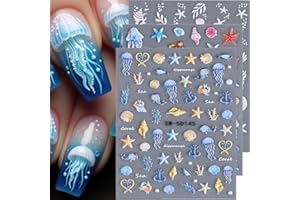 JALIYA 5D Embossed Ocean Nail Stickers Summer Stickers Shell Starfish Jellyfish Sea Animals Art Beach Design Accessories