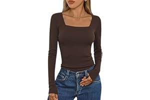 Aottori Maglie Donna Maniche Lunghe Scollo Quadrato Maglietta Elasticizzato Coste Tee Shirt Elegante T Shirt Slim Fit Sottogiacca Basic Top Leggera Casual