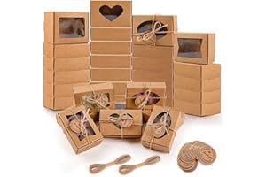 FRIZLRYEM Lot de 24 Boîte en Papier Kraft avec Fenêtre Transparente,Petite Boîtes Cadeau 9x6x3cm,pour Mini Gâteaux, Pâtisserie, Biscuits,Desserts,et Friandises,Emballage Cadeau pour Fêtes,Mariages,et Événements