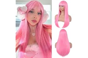 Creamily Lång rosa peruk med lugg, lång, rak peruk för kvinnor, syntetisk, daglig användning, fest, halloweenkostymer, cosplay, peruk, 56 cm (22 tum)