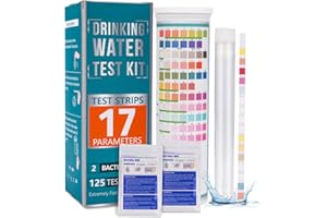 Homcoice Kit Test Eau Potable 17 en 1 (125 strips+2 tests bactériens) Bandelette Eau Piscine Puits, robinet, Test pour pH, Dureté totale, Sulfure d'hydrogène, Fer, Cuivre, Plomb, Chlore plus encore