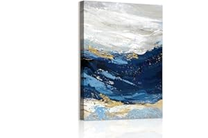 WENGTIAO Abstrait Minimaliste Bleu Tableau Decoration Murale Encadré Toile Peinture Vague de Mer Bleu Marine Gris Or Decoration Murale Salon Maison Deco Chambre Prêt à Accrocher 30x40cm