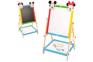 WOOMAX Disney - Minnie y Mickey Pizarra de Madera para Niños, 37,5x65 cm, Doble Cara, Incluye Tizas, Borrador y Marcador Negro, de Pie, +4 Años (48739)
