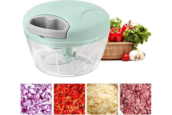 Lökskärare manuell, 500 ml lökstrimlare med dragsnöre, multihackare med 3 blad av rostfritt stål, vegetable chopper, grönsaksskivare kök för grönsaker vitlök lökar