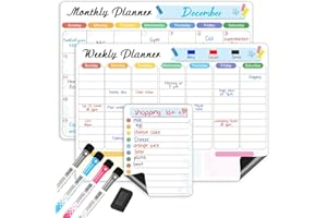 SLIANDTELLY Magnetic Whiteboard Calendar Planner for Fridge, 3pcs Dry Erase Monthly Weekly Daily Planner Stick to Fridge, Meal Shopping List Family Reminders in Kitchen, Magnet Memo White Board 4 Markers & Eraser