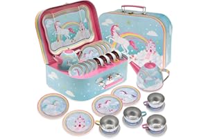 Jewelkeeper 15 Piece Kids Party Tin Tea Set for Toddlers - Kids Pretend Toy Tin Tea Set & Carrying Case - Rainbow Unicorn tea sets for girls - unicorn gifts for girls