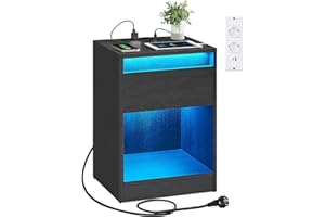 VASAGLE KAILYN Colección - Mesita de Noche con Regleta, Mesa Auxiliar con Luces LED Ajustables, Cajón, 2 Enchufes, 2 Puertos USB, Moderno, Dormitorio, Salón, Negro Ceniza LET618T22