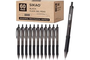 Sikao Black Gel Pens 60 Pack Black Pens Fine Point Smooth Writing Pens No Smudge 0.7mm, Comfortable Grip Gel Ink Pens Bulk, Retractable Pens, Rollerball Pens, Server Pens, Office Pens