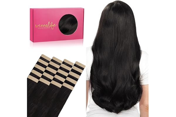 WENNALIFE Lot de 20 extensions capillaires adhésives en cheveux humains Remy naturels, soyeux, droits, 50 g, 50 cm, noir naturel