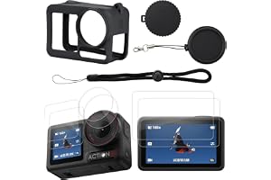 HSU Silikonfodral och skärmskydd för DJI Osmo Action 5 Pro/4/3 | Silikongummiskydd och linsskydd, 2-pack härdat glasskyddsfilm, batterilock och justerbara halsremmar