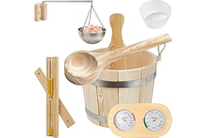 ‎TAZZOR Sauna Eimer Set (5 Liter), Sauna Eimer mit Kelle, Saunakã Bel aus Holz mit Kelle Sanduhr, Thermo, Hygrometer, Schüssel Sauna, Hitzebeständiger Saunakã bel 5L Inkl Einsatz (5L-Advanced)