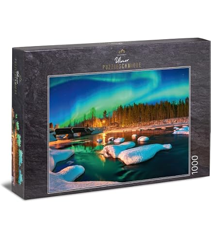 Ulmer Puzzleschmiede - Puzzle da 1000 pezzi Aurora Borealis - Impressionante Nord Scandinavia sopra Mare di ghiaccio - Puzzle di luci polari Made in