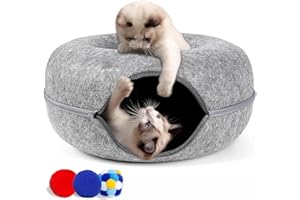 Cherie Bear Donut Design Cat Tunnel Bed for Indoor Cats with 3 Balls, Felt Cat Tunnel Cave Bed with Zipper Design, Interactive Cat Toy for Fun and Comfort, Cozy Hiding Tent for Large Cats and Kittens