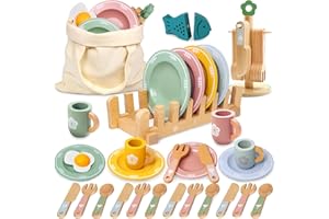 SEKEPINGO 25PCS Wooden Tea Set, Pretend Play Kitchen Toys for Kids Age 3+, Plates, Cups, Cutlery & Tea Accessories Montessori Learning Toys Gift for Toddlers Boys & Girls