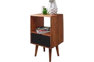 FINEBUY MÖBEL ZUM WOHLFÜHLEN FineBuy Comodino Letto Nero Legno Massello Sheesham 40x70x35cm Stile Retro | Consolle notturna con cassetto | Comodino da notte