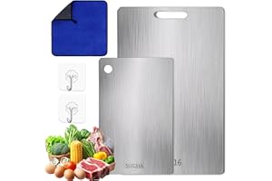 BITOYO Set di 2 taglieri in acciaio inox 316, con 2 ganci e 1 straccio, facile da pulire, tagliere per carne, frutta, verdura, taglierino (34 x 23 cm + 25 x 15 cm)