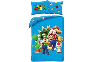 HALANTEX Parure da letto blu Super Mario 135 x 200 cm + 80 x 80 cm, con Mario, Luigi, Toad, Peach, Wario & Yoshi, copripiumino e federa, taglia tedesca