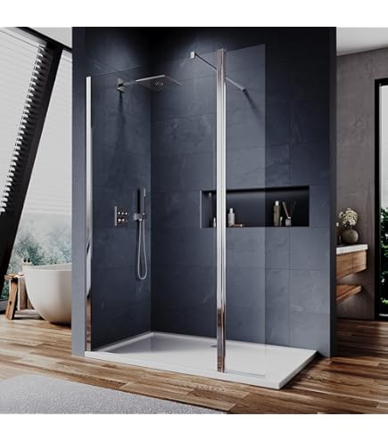 Rinse 700mm Walk In Wet Room Shower Enclosure 8mm Grey Easy Clean Glass Screen Panel 300mm Return Panel Black Framed